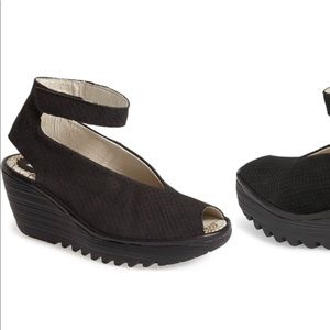 Fly London Yala black perforated wedge sandal